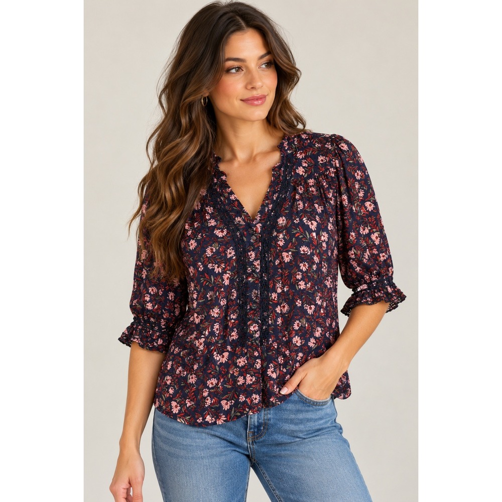 Democracy Navy Floral Lace Trim Boho Blouse Ruffle Sleeve Size Petite Small